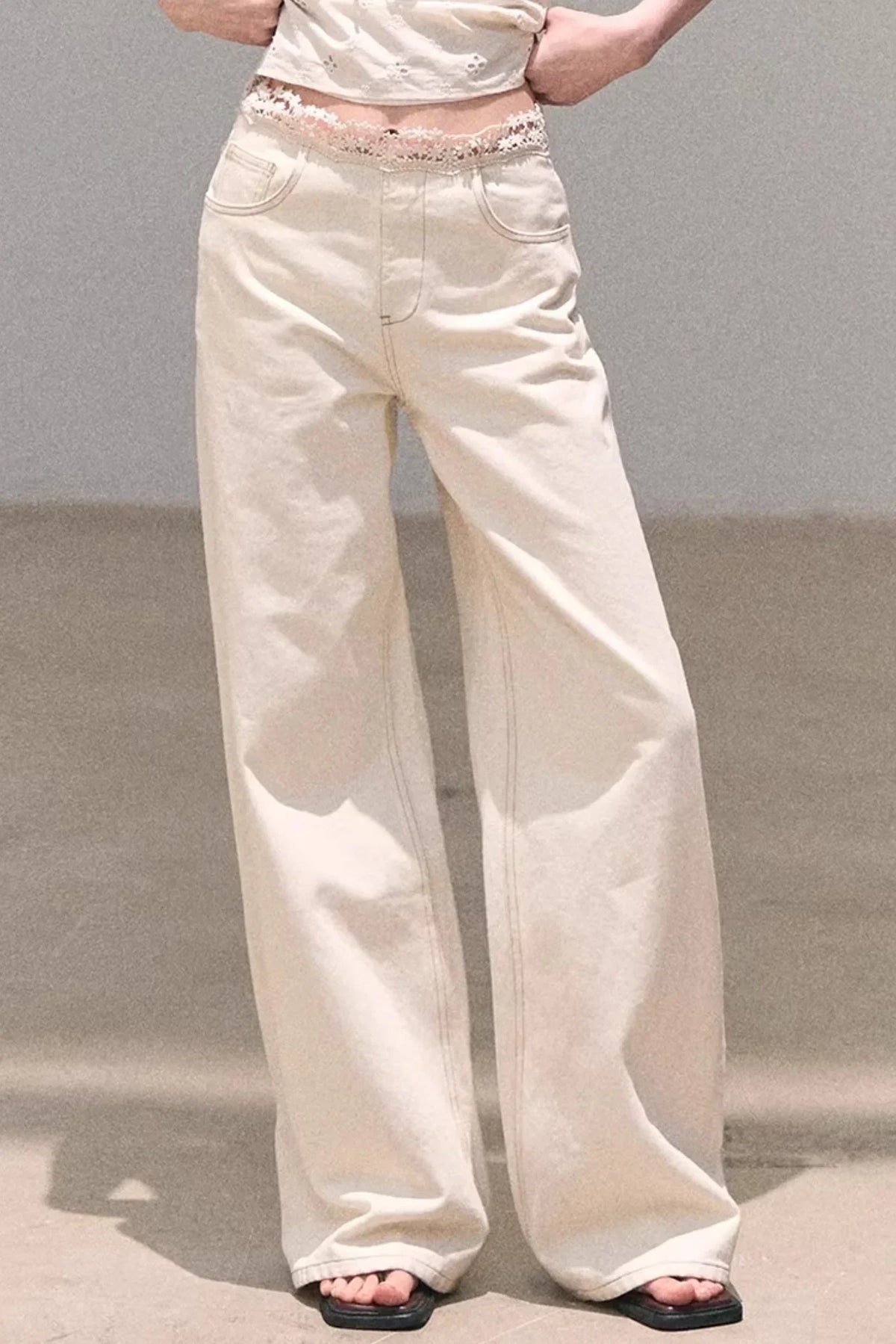 Washed Wide-Leg Lace Pants