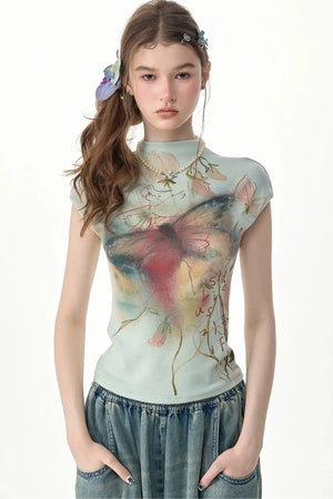 Watercolor Butterfly Print Short Sleeve Top