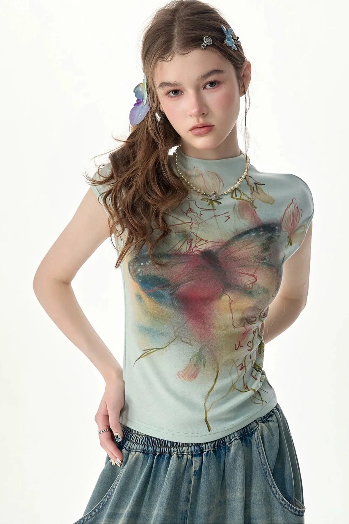 Watercolor Butterfly Print Short Sleeve Top