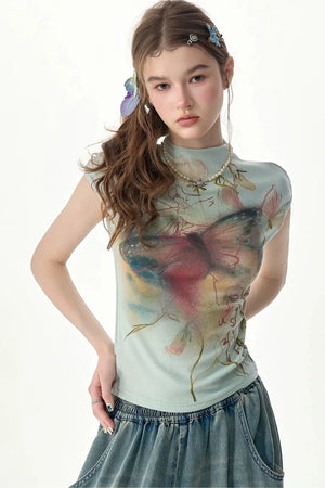 Watercolor Butterfly Print Short Sleeve Top