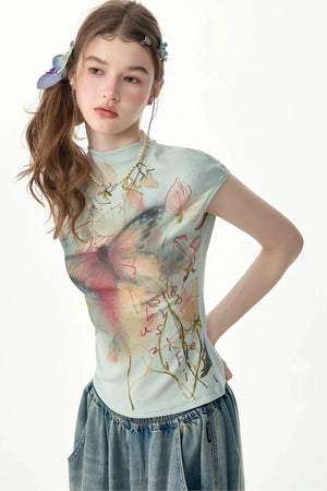 Watercolor Butterfly Print Short Sleeve Top