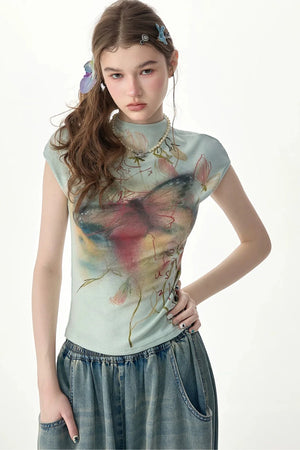 Watercolor Butterfly Print Short Sleeve Top