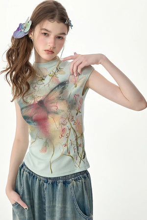 Watercolor Butterfly Print Short Sleeve Top
