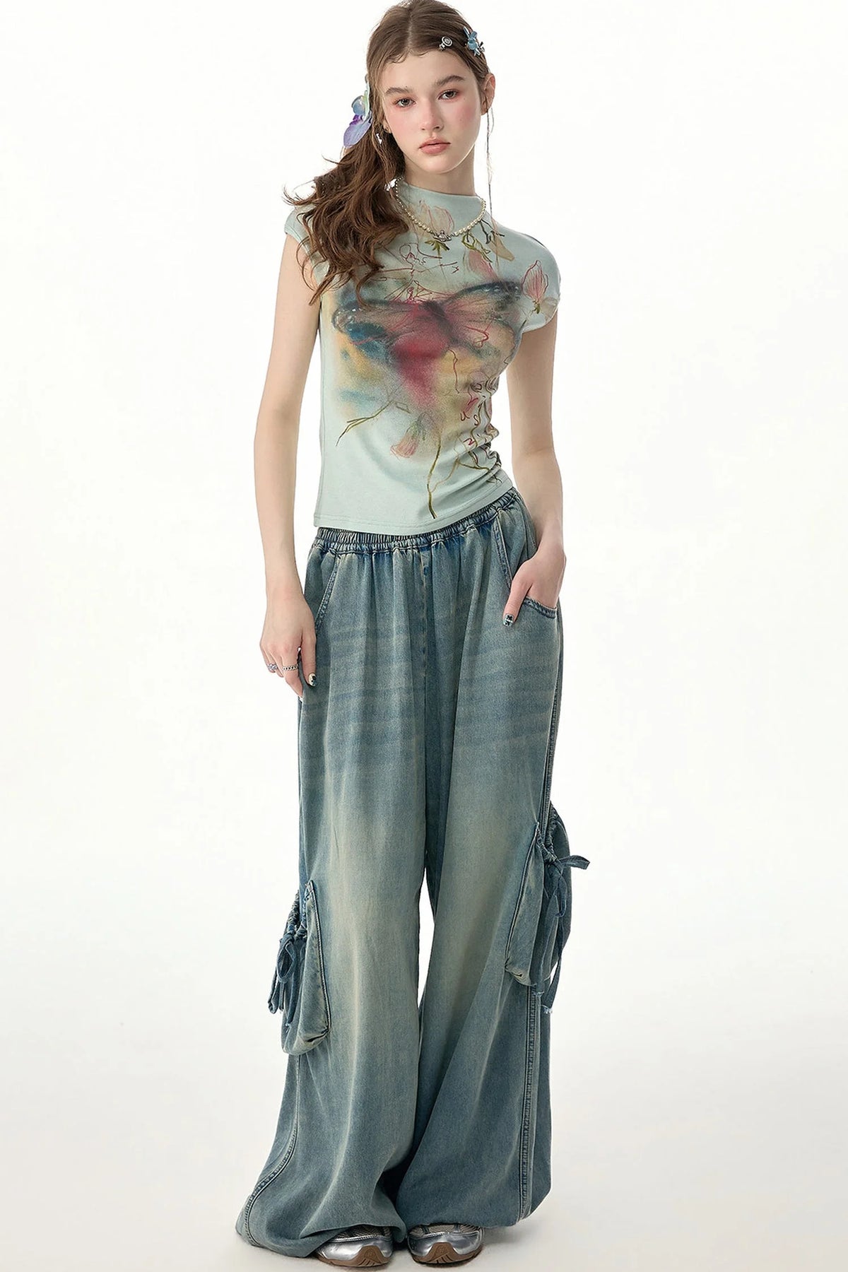 Watercolor Butterfly Print Short Sleeve Top
