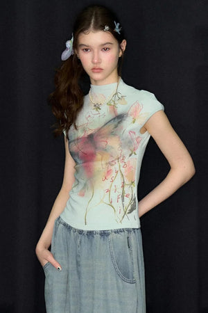 Watercolor Butterfly Print Short Sleeve Top