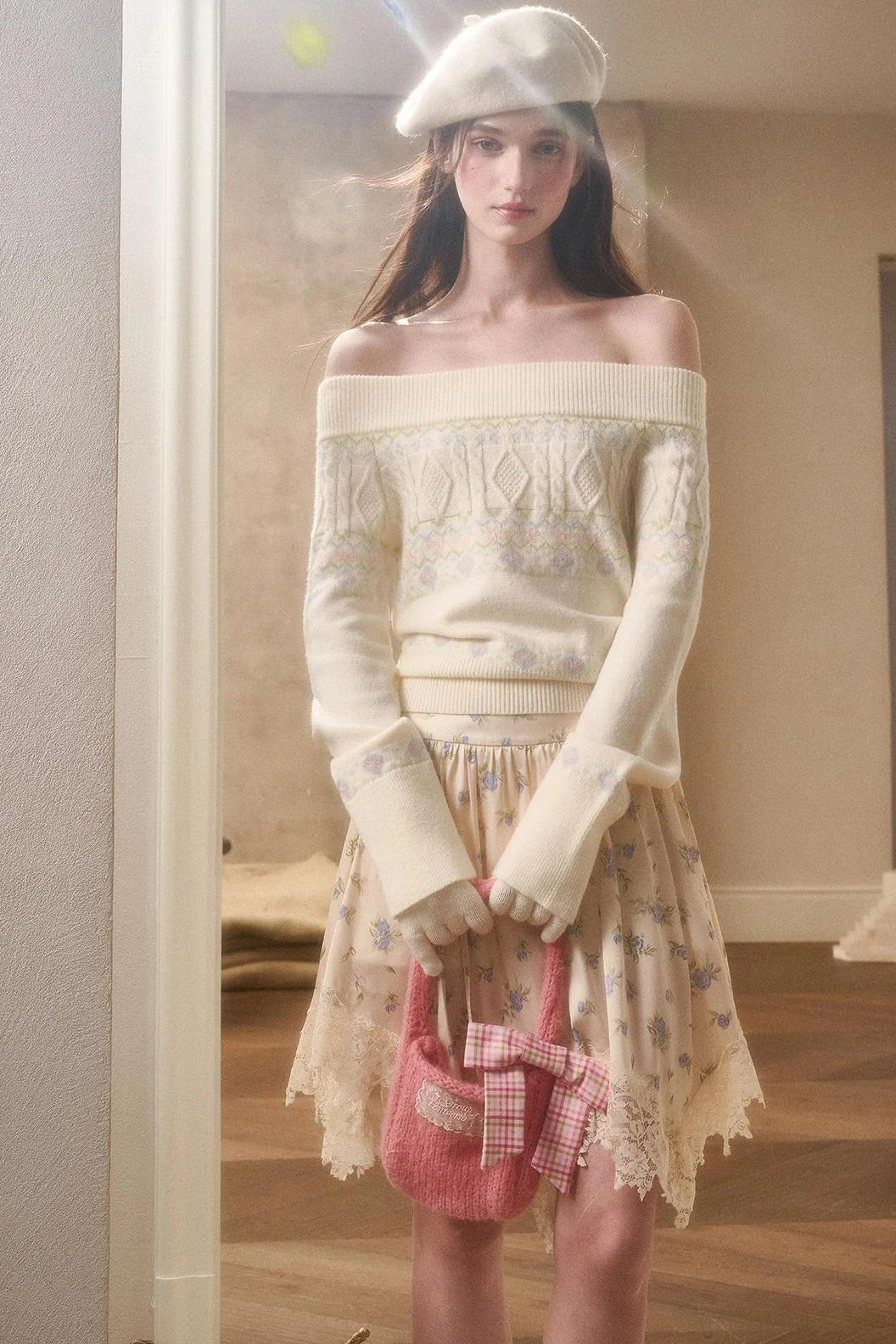 Waxy Cotton Sweater And Floral Skirt Set-Up