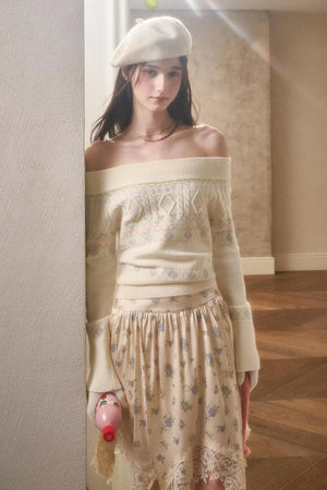 Waxy Cotton Sweater And Floral Skirt Set-Up