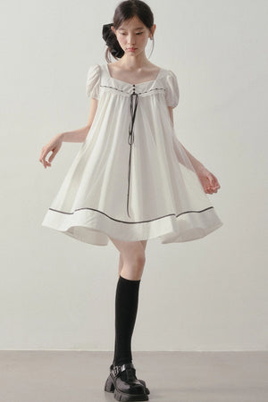 White A-Line Puff Sleeve Contrast Piping Dress