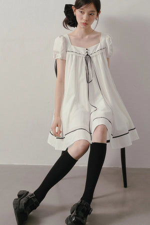 White A-Line Puff Sleeve Contrast Piping Dress