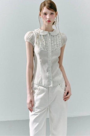 White Acetate Linen Ruffle Blouse