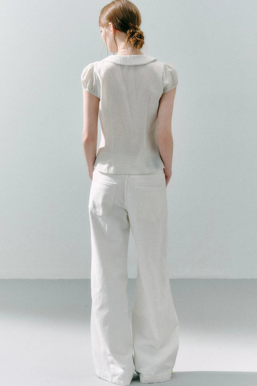 White Acetate Linen Ruffle Blouse