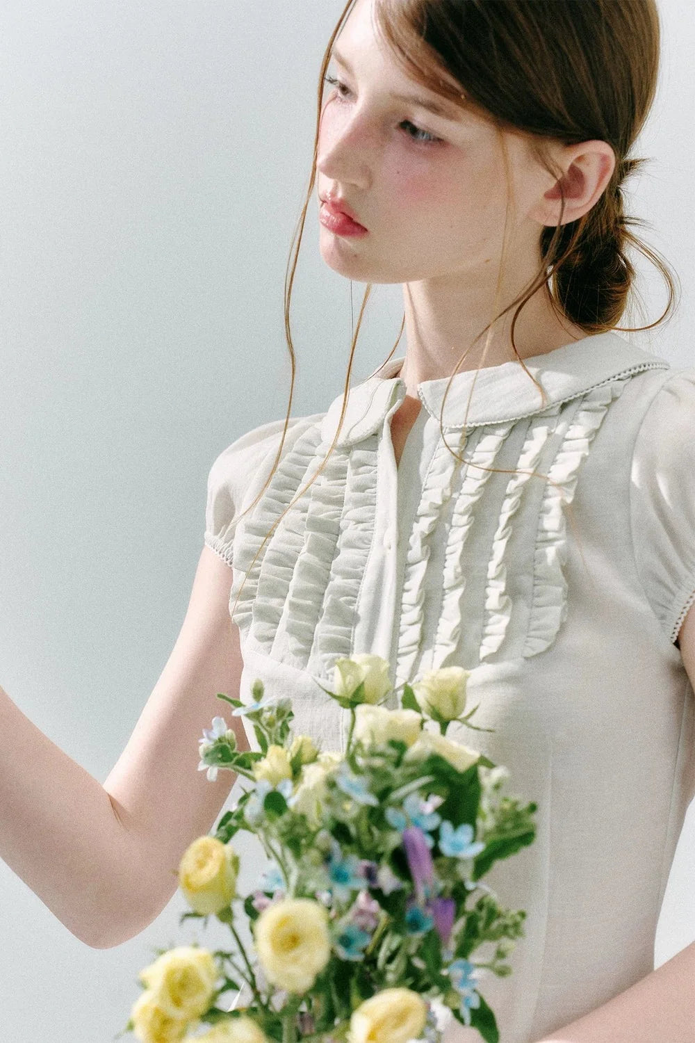 White Acetate Linen Ruffle Blouse