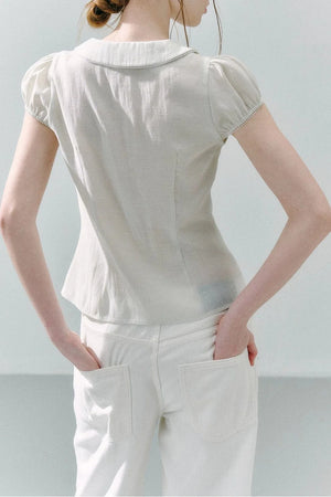 White Acetate Linen Ruffle Blouse