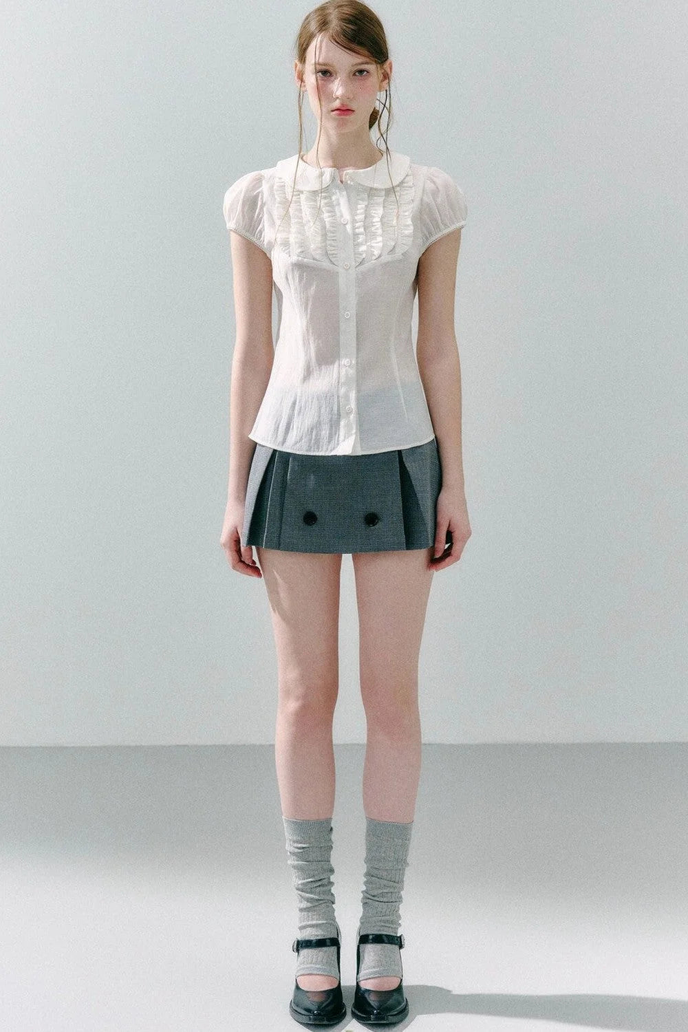 White Acetate Linen Ruffle Blouse