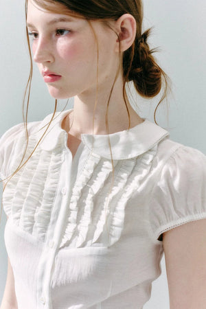 White Acetate Linen Ruffle Blouse