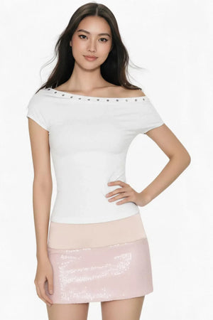 White Asymmetrical Rhinestone Top