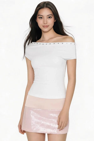 White Asymmetrical Rhinestone Top
