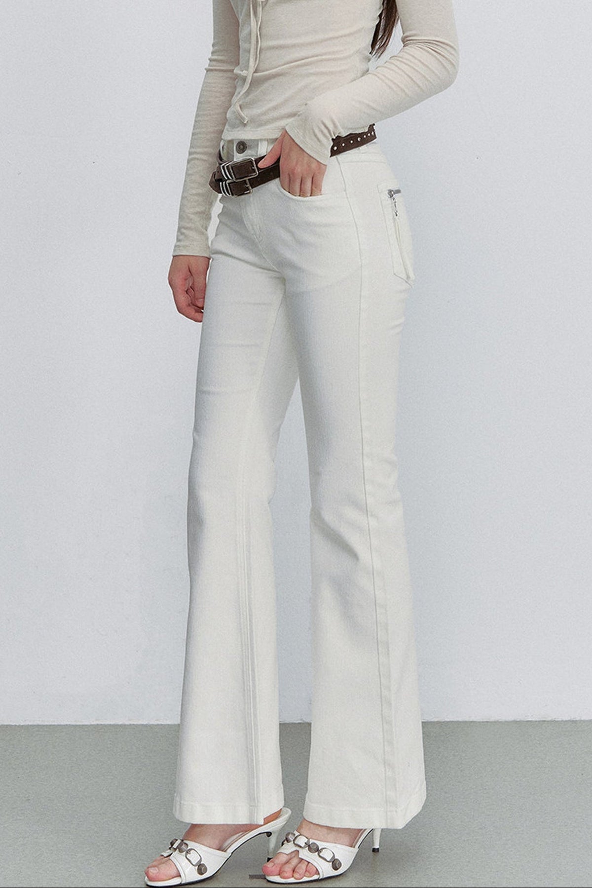 White Bamboo Texture Flared Denim Pants