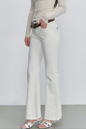 White Bamboo Texture Flared Denim Pants