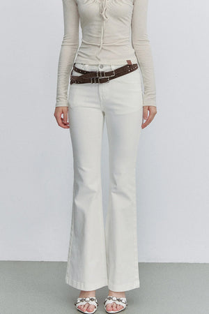 White Bamboo Texture Flared Denim Pants
