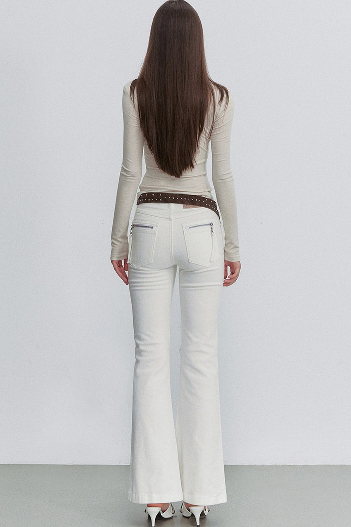 White Bamboo Texture Flared Denim Pants