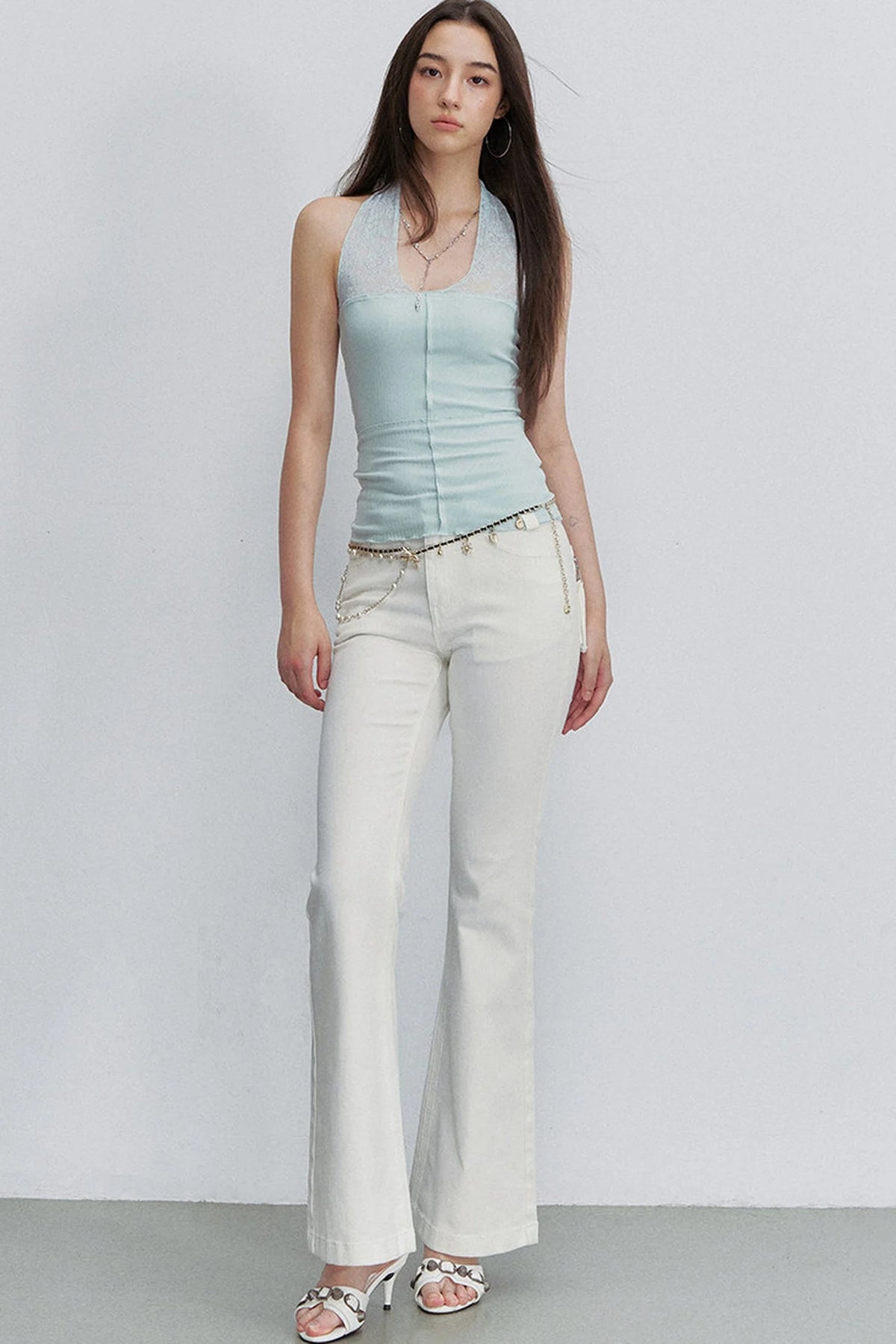White Bamboo Texture Flared Denim Pants