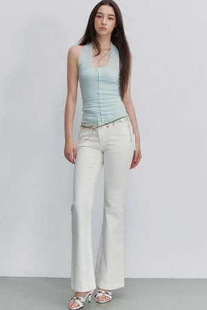 White Bamboo Texture Flared Denim Pants