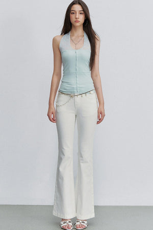 White Bamboo Texture Flared Denim Pants
