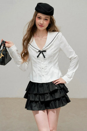 White Bow Collar Blouse