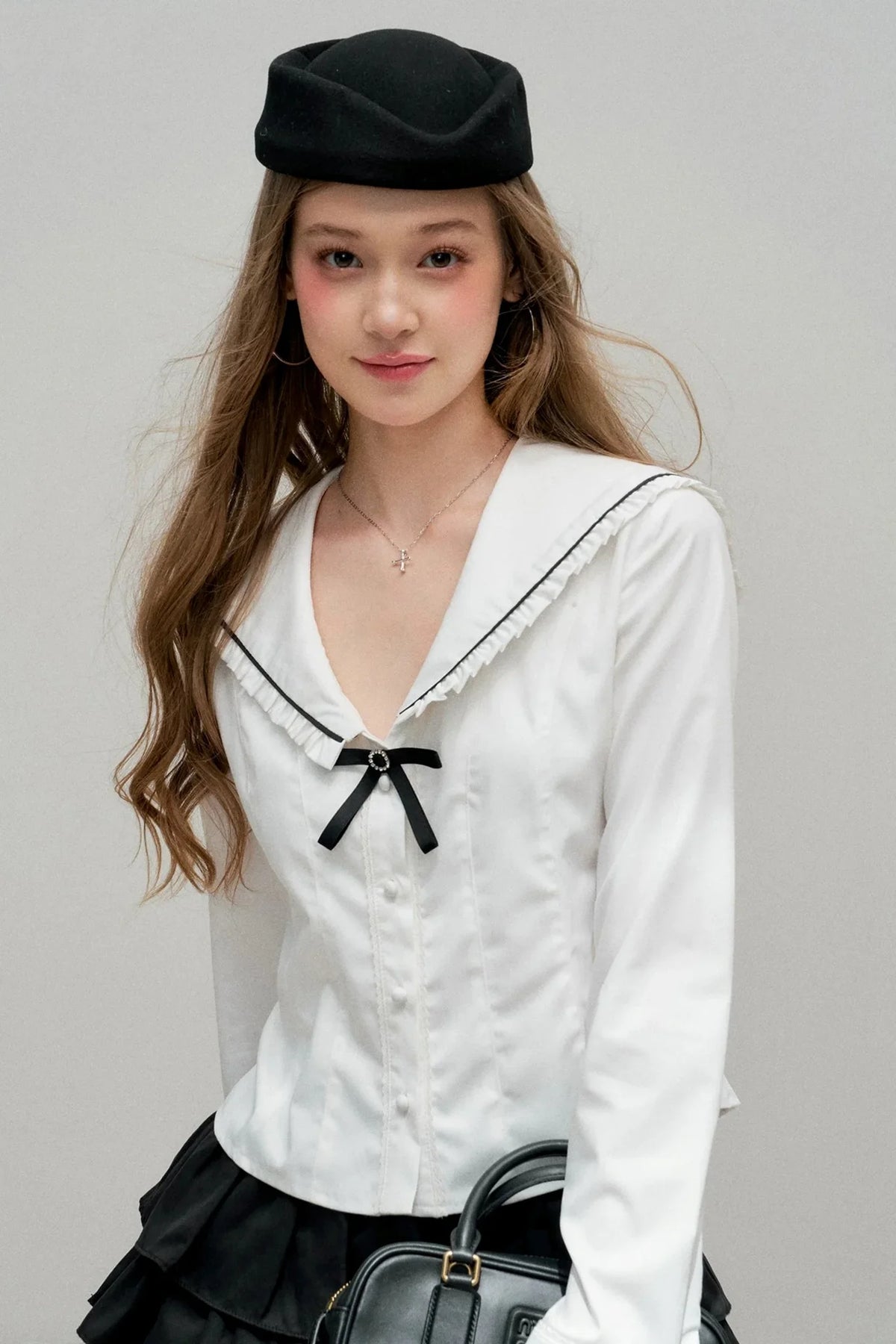 White Bow Collar Blouse