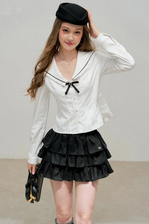 White Bow Collar Blouse