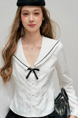 White Bow Collar Blouse