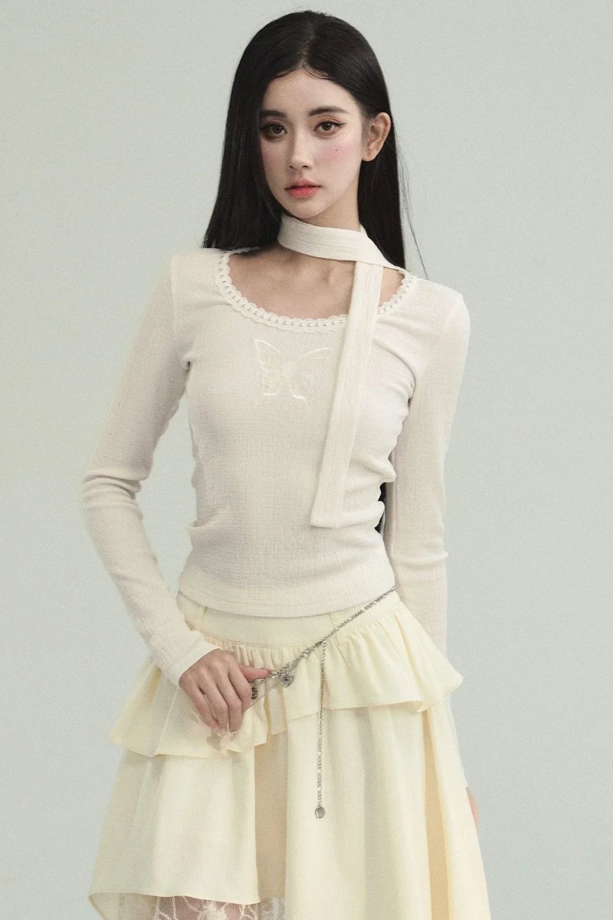 White Butterfly Embroidered Skirt Set-Up