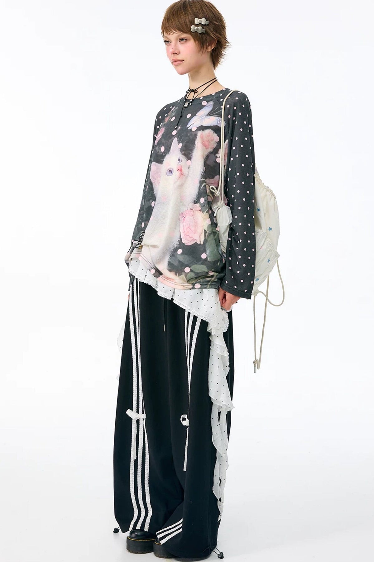 White Butterfly Wide-Leg Sweatpants