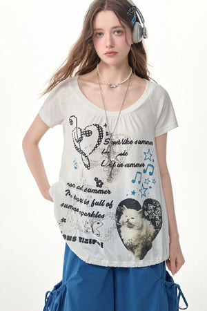 White Cat Print Drawstring Short Sleeve T-Shirt