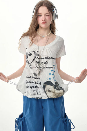 White Cat Print Drawstring Short Sleeve T-Shirt