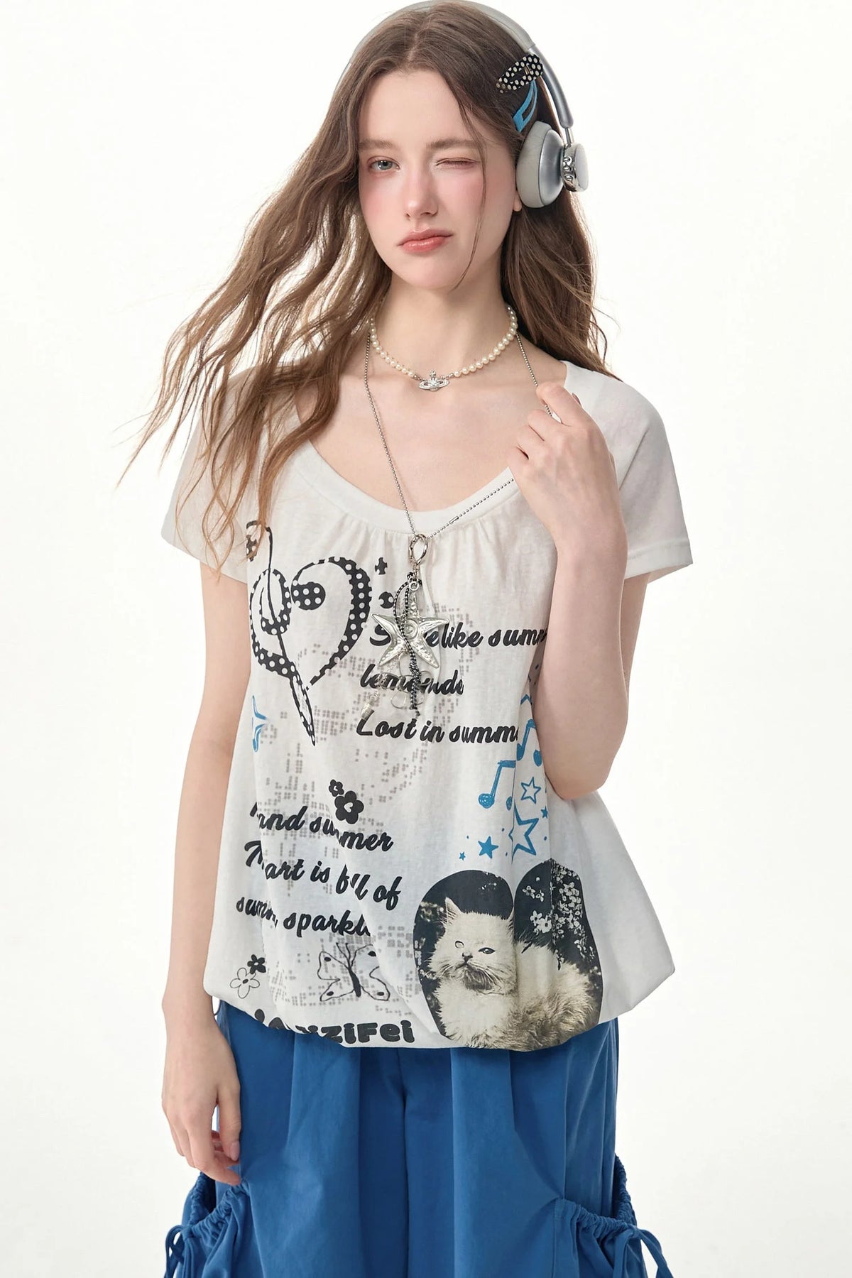 White Cat Print Drawstring Short Sleeve T-Shirt