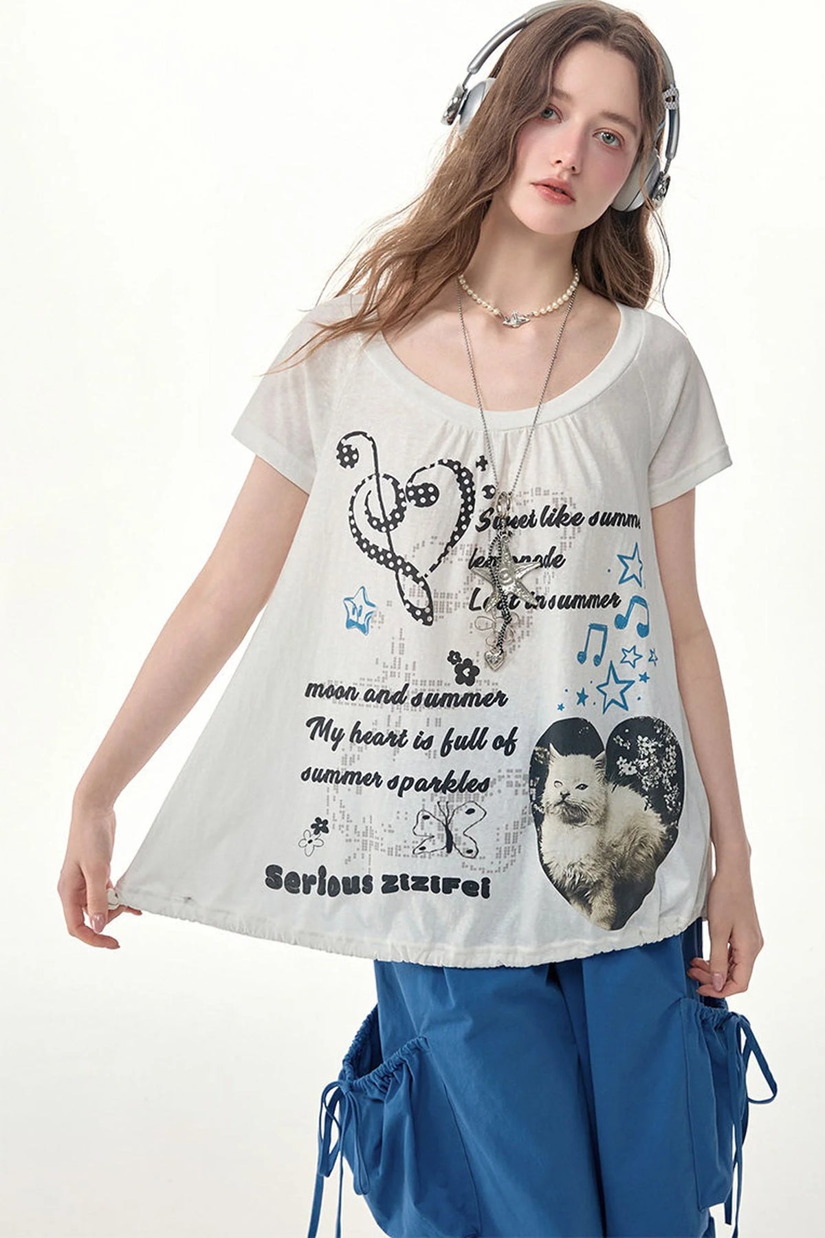 White Cat Print Drawstring Short Sleeve T-Shirt