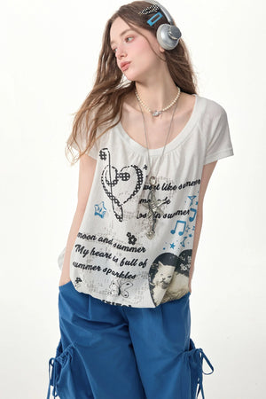 White Cat Print Drawstring Short Sleeve T-Shirt