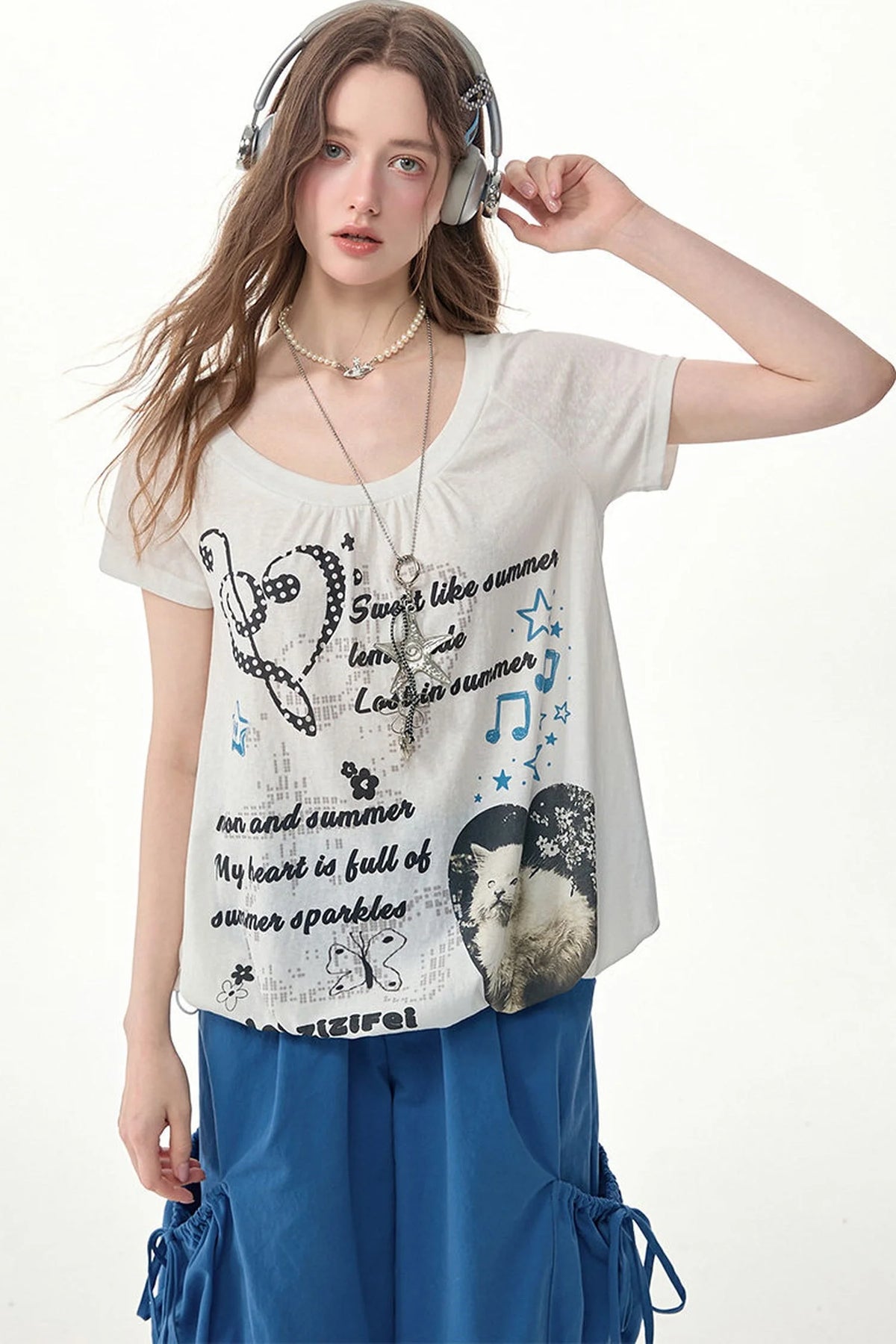 White Cat Print Drawstring Short Sleeve T-Shirt