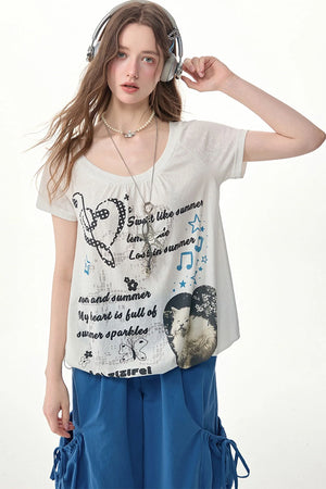 White Cat Print Drawstring Short Sleeve T-Shirt