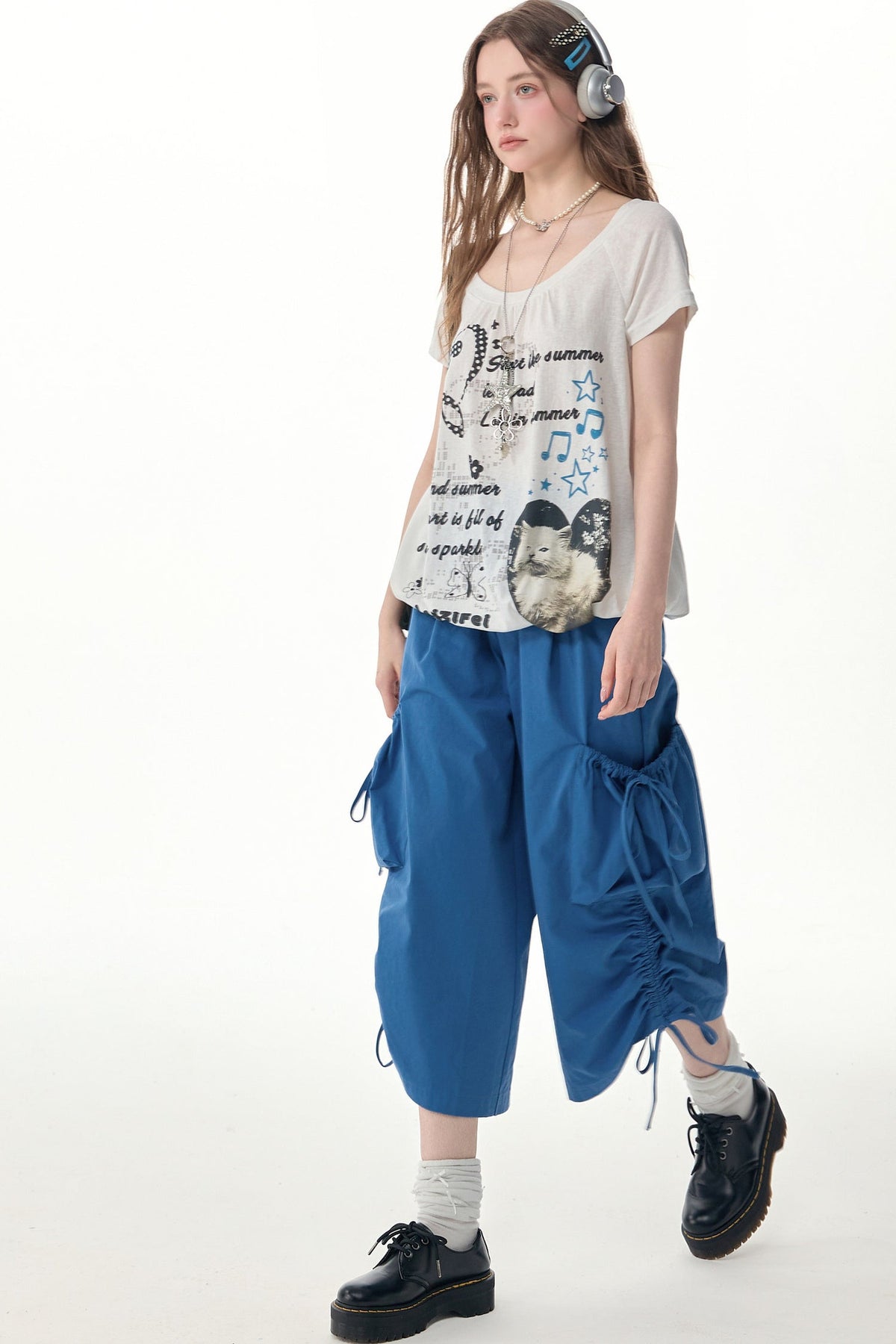 White Cat Print Drawstring Short Sleeve T-Shirt