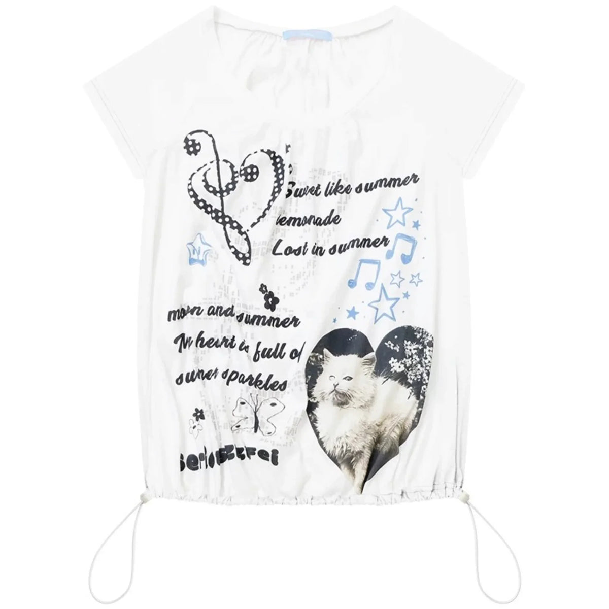 White Cat Print Drawstring Short Sleeve T-Shirt
