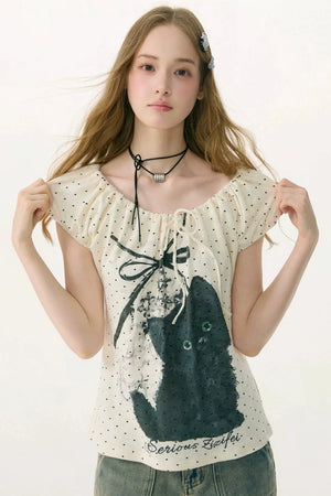 White Cat Print Off-Shoulder T-Shirt