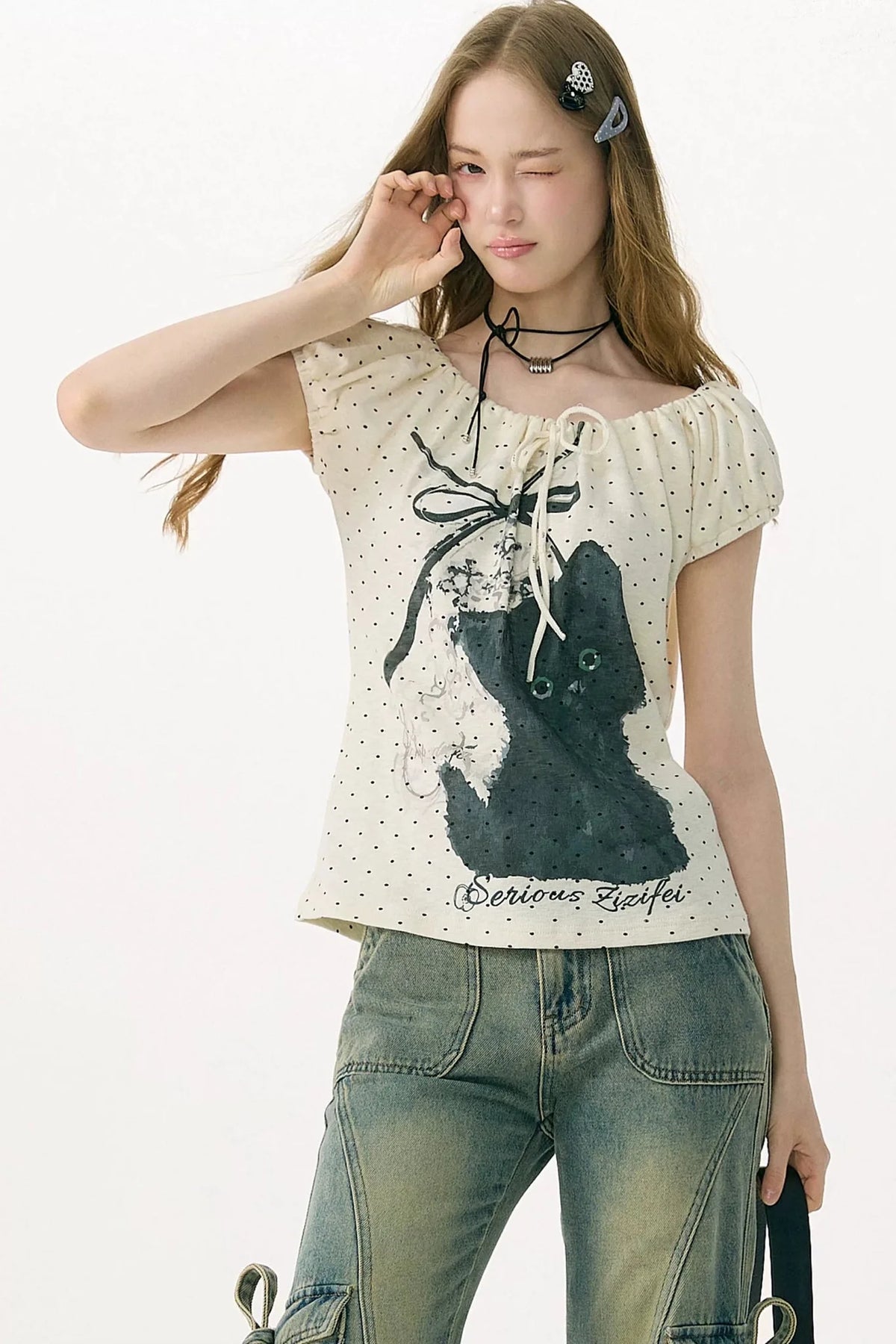 White Cat Print Off-Shoulder T-Shirt