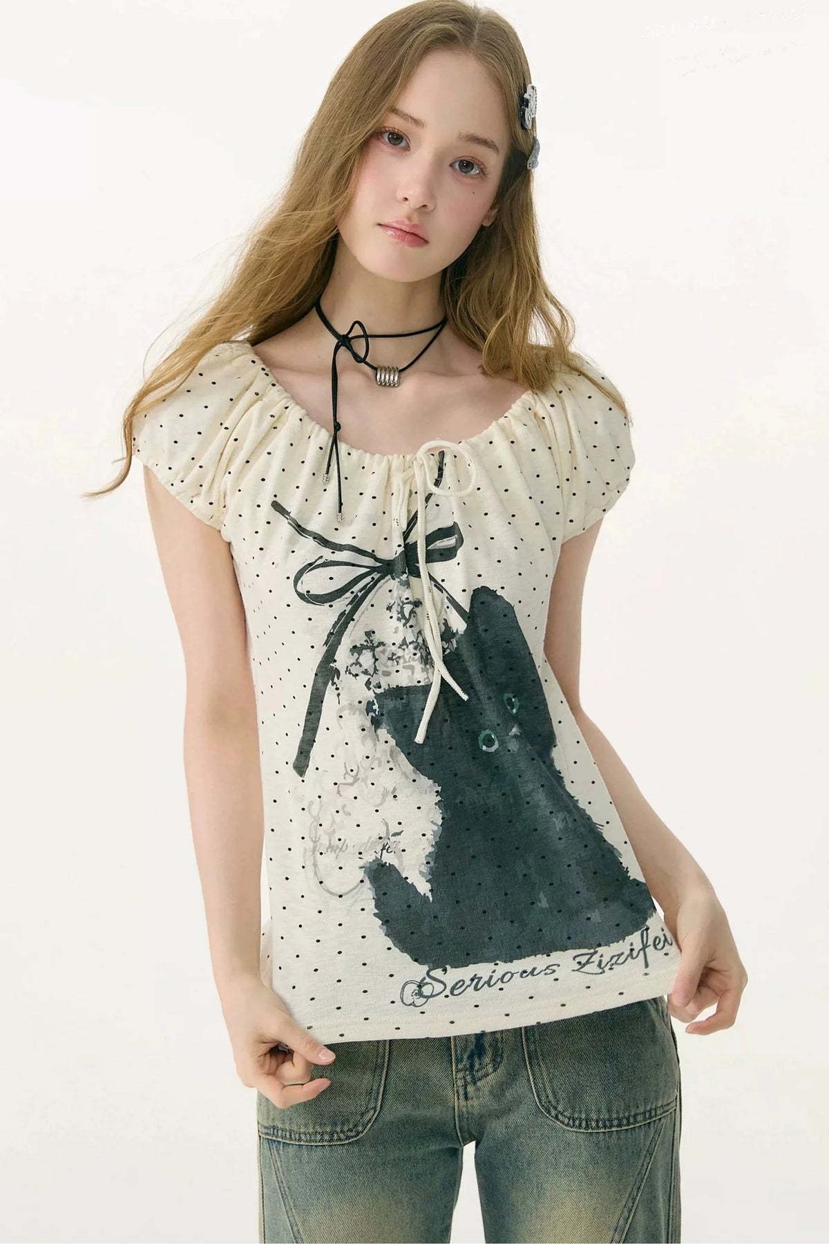 White Cat Print Off-Shoulder T-Shirt