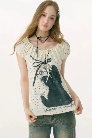 White Cat Print Off-Shoulder T-Shirt