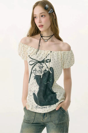 White Cat Print Off-Shoulder T-Shirt