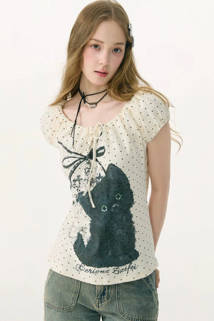 White Cat Print Off-Shoulder T-Shirt