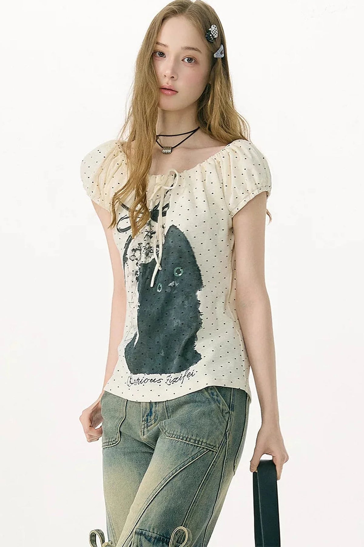 White Cat Print Off-Shoulder T-Shirt
